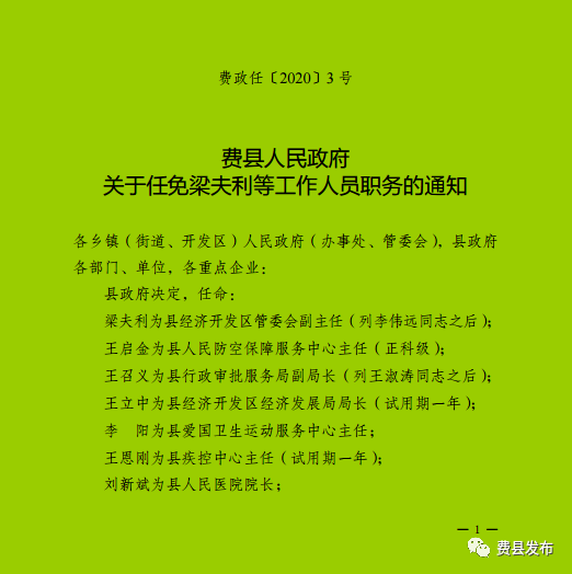 費縣人民政府辦公室人事任命通知解讀與公告